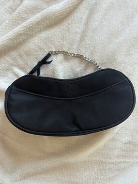 Dior Parfums Black Satin Crescent Shoulder Bag with Silver Chain and Black Bow